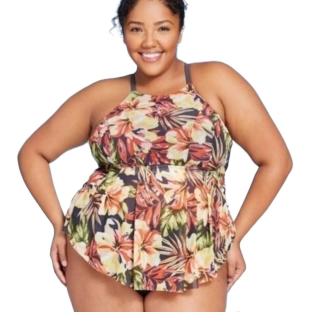 KONA sol high neck mesh bottom floral tankini swim top NWT PLUS SIZE